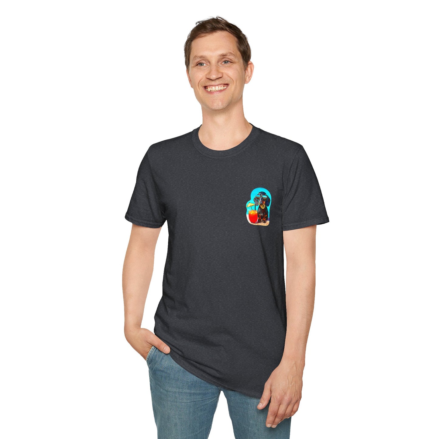 Bitcoin Dachshund Chillin Poolside T-Shirt - Pocket & Large Back Print