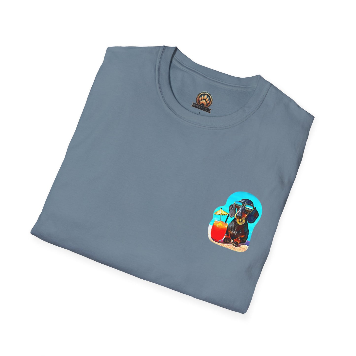 Bitcoin Dachshund Chillin Poolside T-Shirt - Pocket & Large Back Print