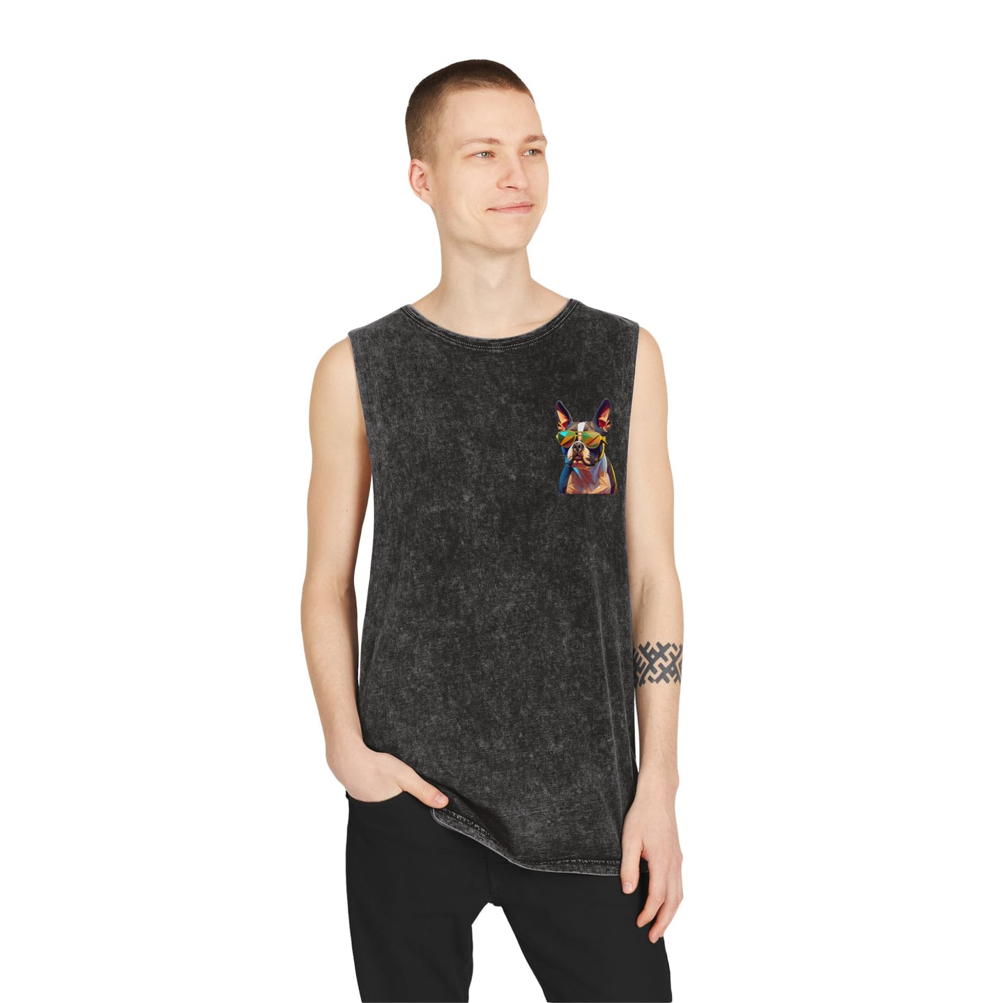 Shady Boston Terrier with sunglasses vibing Tank-Top - Pocket & Large Back Print
