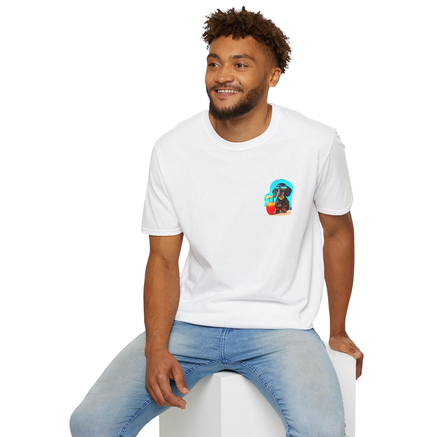Bitcoin Dachshund Chillin Poolside T-Shirt - Pocket & Large Back Print