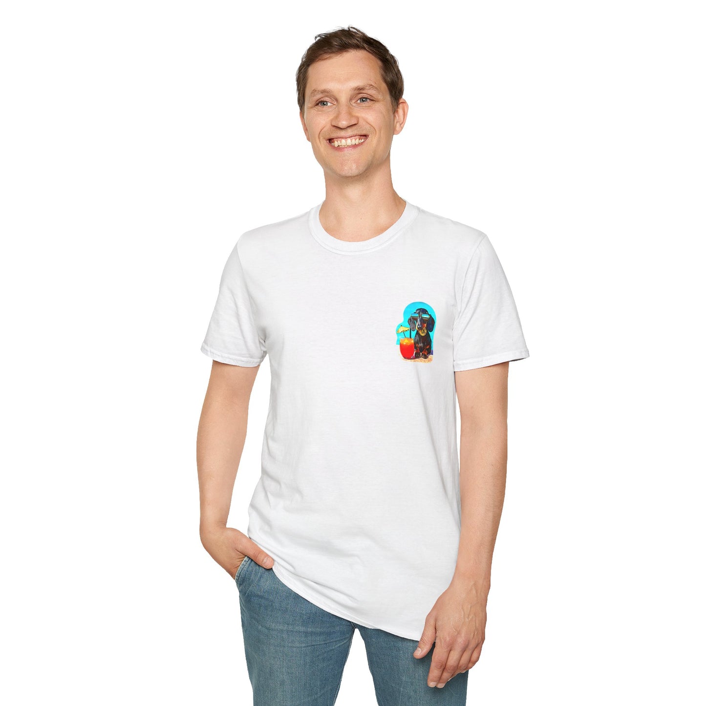 Bitcoin Dachshund Chillin Poolside T-Shirt - Pocket & Large Back Print