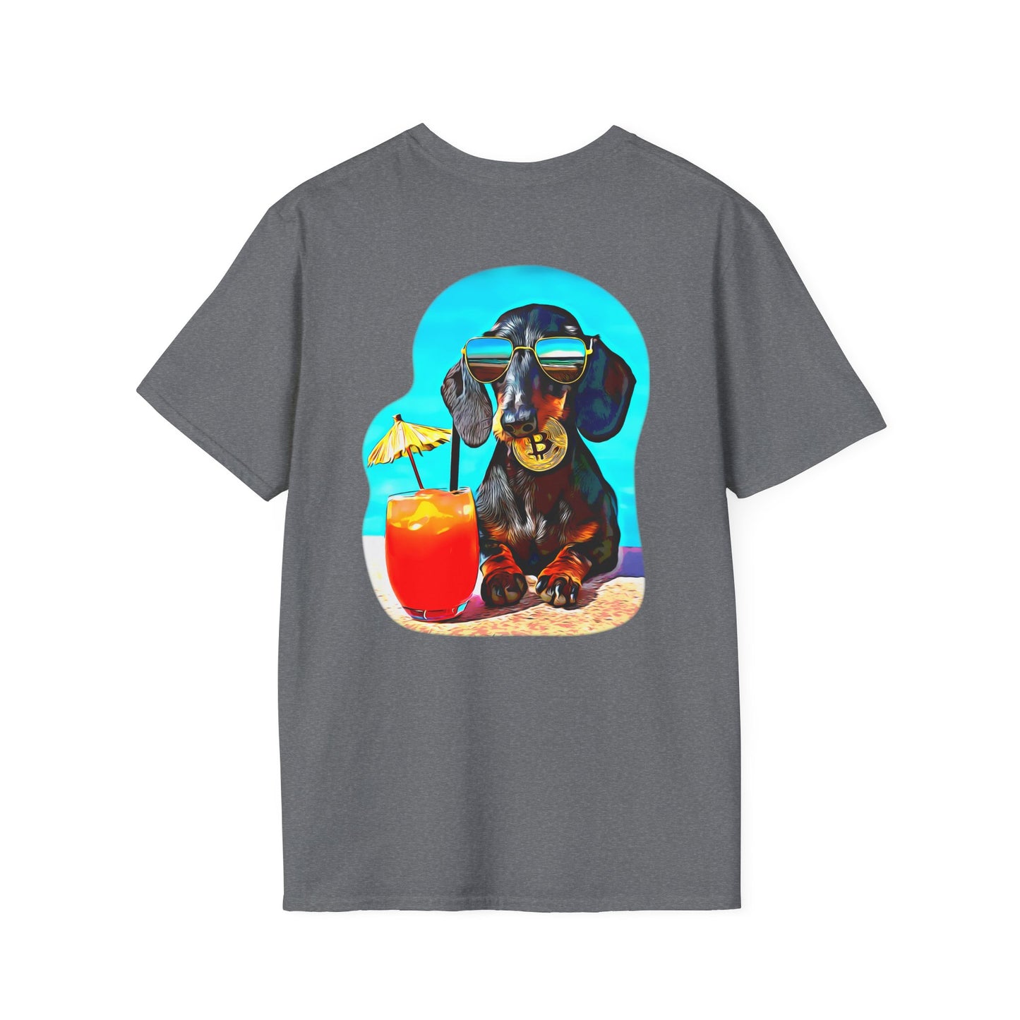 Bitcoin Dachshund Chillin Poolside T-Shirt - Pocket & Large Back Print