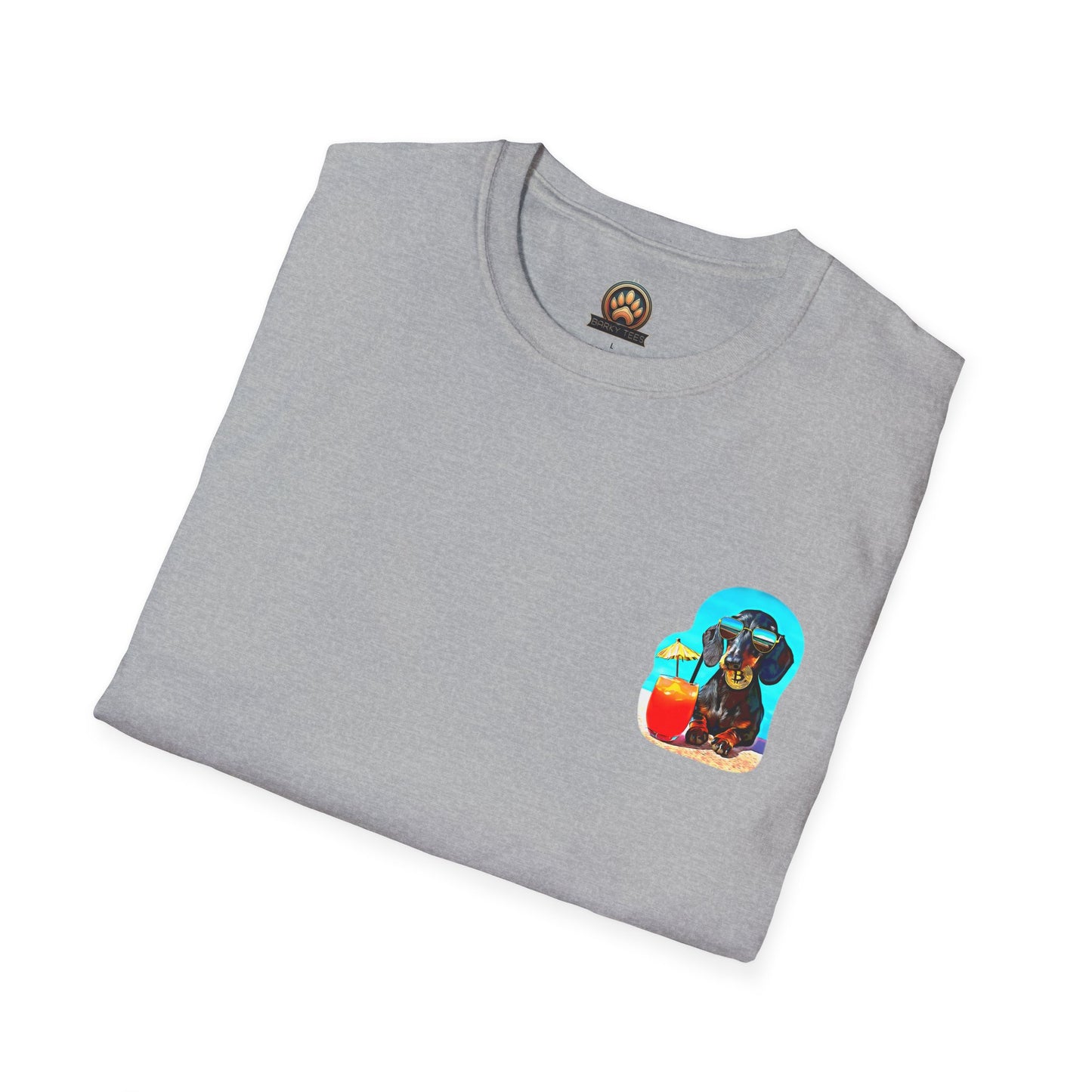 Bitcoin Dachshund Chillin Poolside T-Shirt - Pocket & Large Back Print