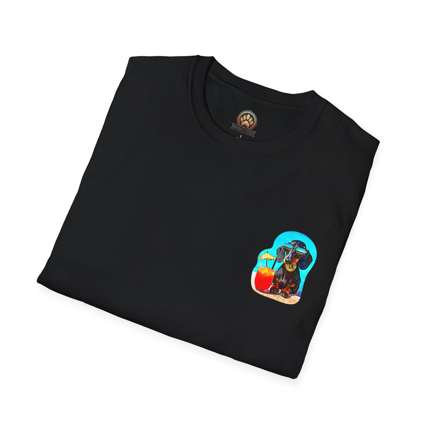 Bitcoin Dachshund Chillin Poolside T-Shirt - Pocket & Large Back Print