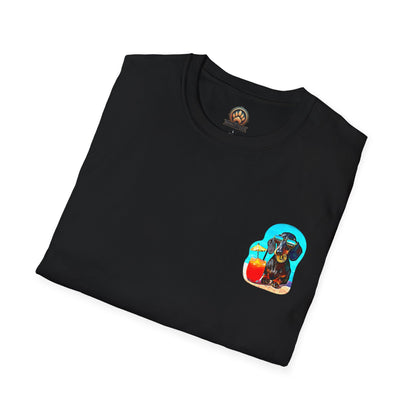 Bitcoin Dachshund Chillin Poolside T-Shirt - Pocket & Large Back Print