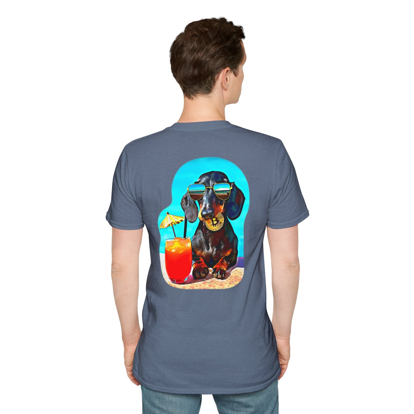 Bitcoin Dachshund Chillin Poolside T-Shirt - Pocket & Large Back Print