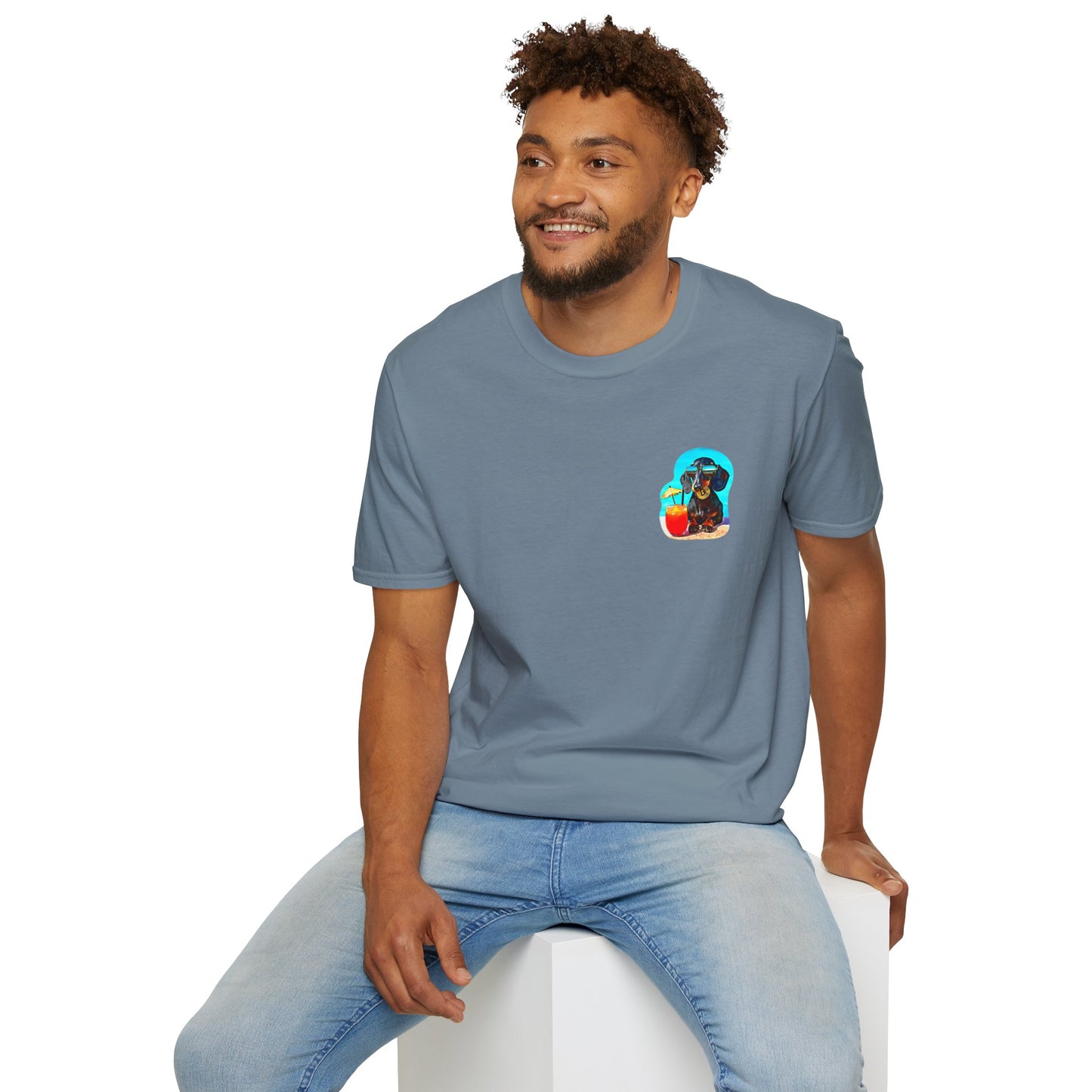 Bitcoin Dachshund Chillin Poolside T-Shirt - Pocket & Large Back Print