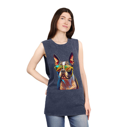 Shady Boston Terrier Stonewash Tank - Large Front Print