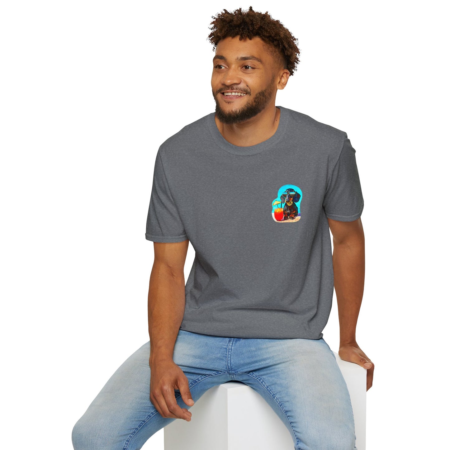 Bitcoin Dachshund Chillin Poolside T-Shirt - Pocket & Large Back Print