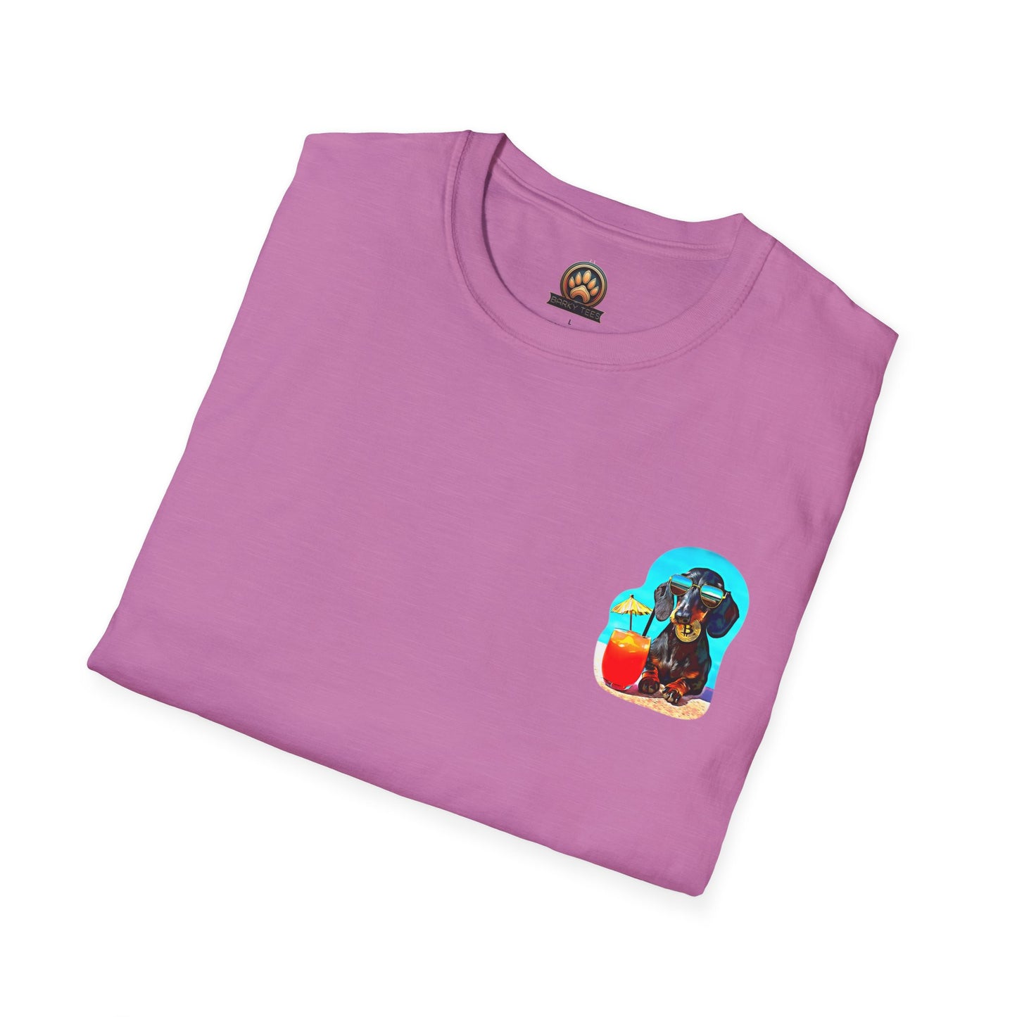 Bitcoin Dachshund Chillin Poolside T-Shirt - Pocket & Large Back Print