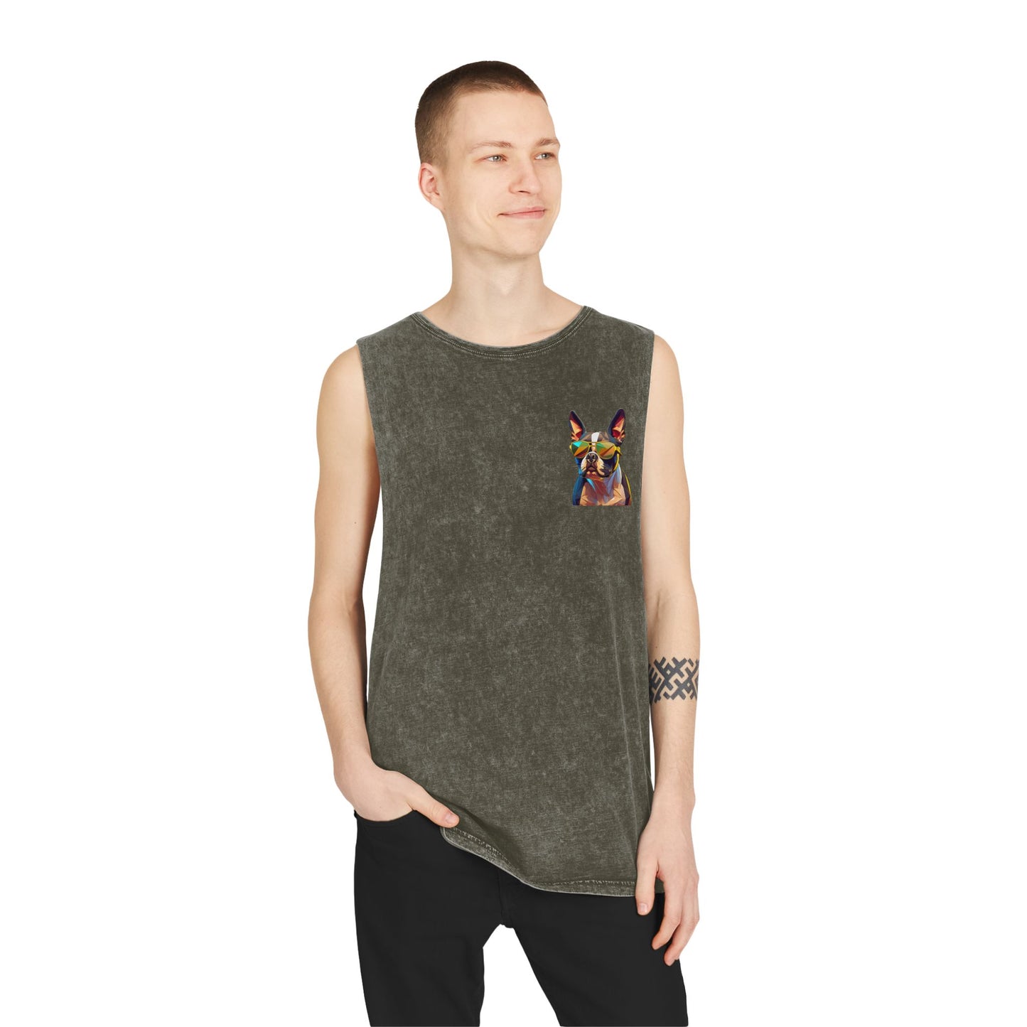 Shady Boston Terrier with sunglasses vibing Tank-Top - Pocket & Large Back Print