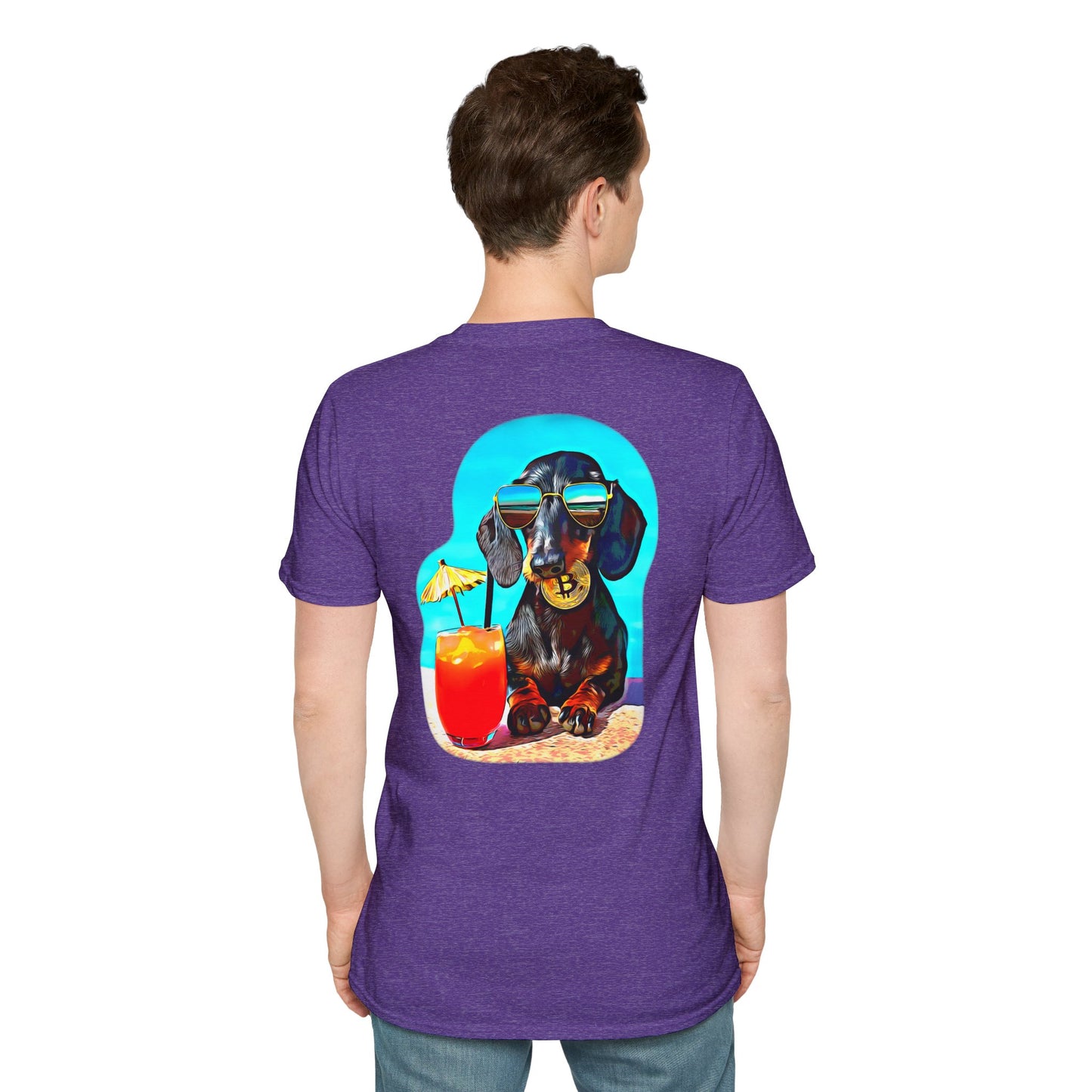 Bitcoin Dachshund Chillin Poolside T-Shirt - Pocket & Large Back Print