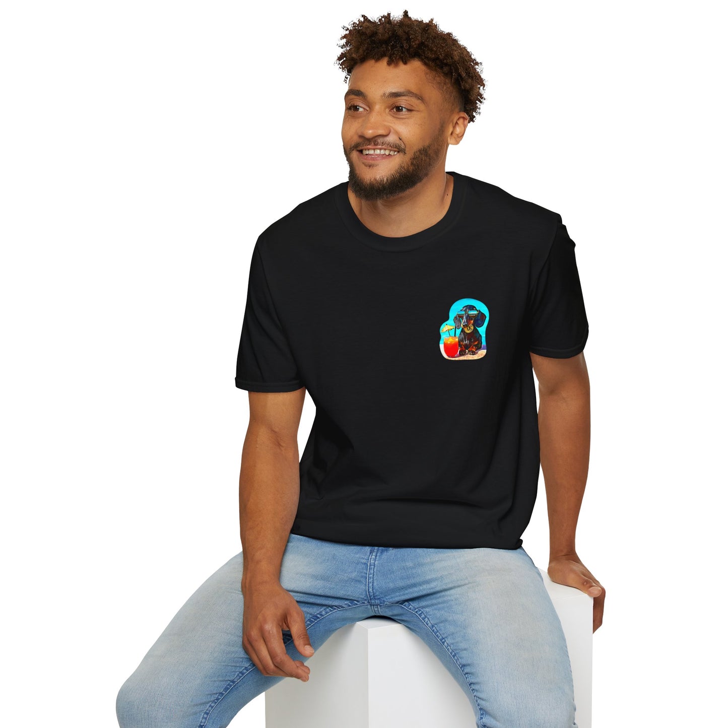 Bitcoin Dachshund Chillin Poolside T-Shirt - Pocket & Large Back Print