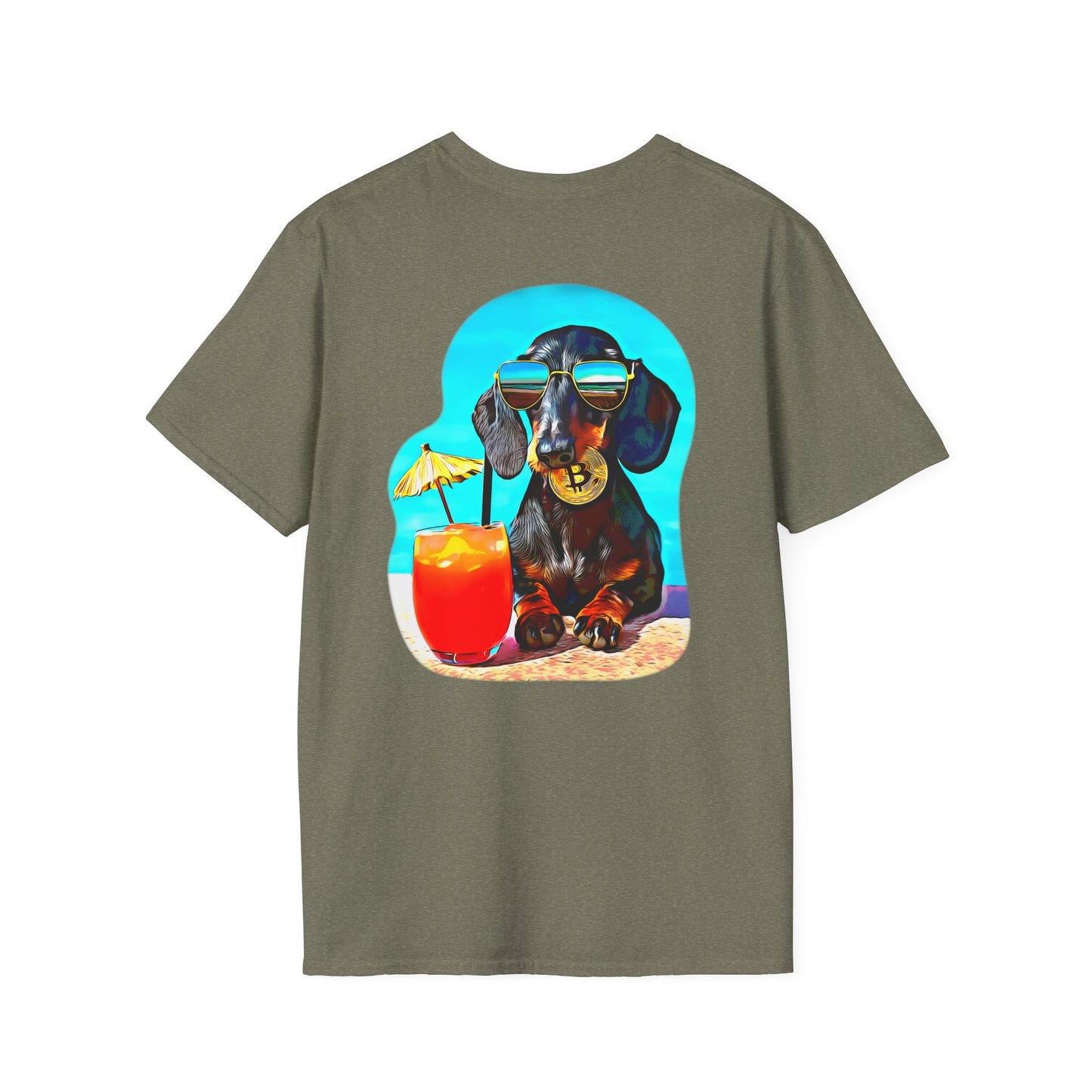 Bitcoin Dachshund Chillin Poolside T-Shirt - Pocket & Large Back Print