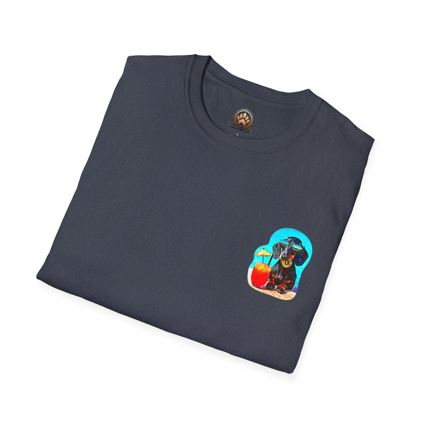 Bitcoin Dachshund Chillin Poolside T-Shirt - Pocket & Large Back Print