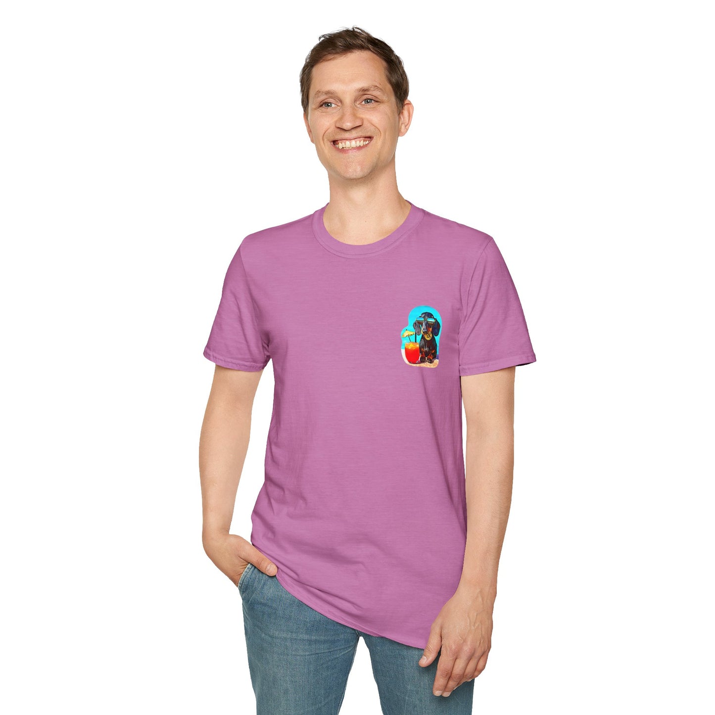 Bitcoin Dachshund Chillin Poolside T-Shirt - Pocket & Large Back Print