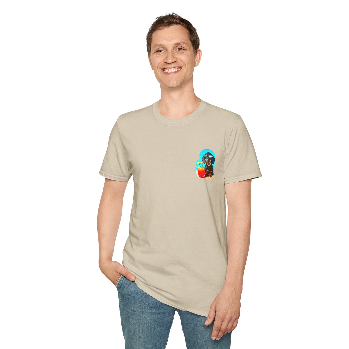 Bitcoin Dachshund Chillin Poolside T-Shirt - Pocket & Large Back Print