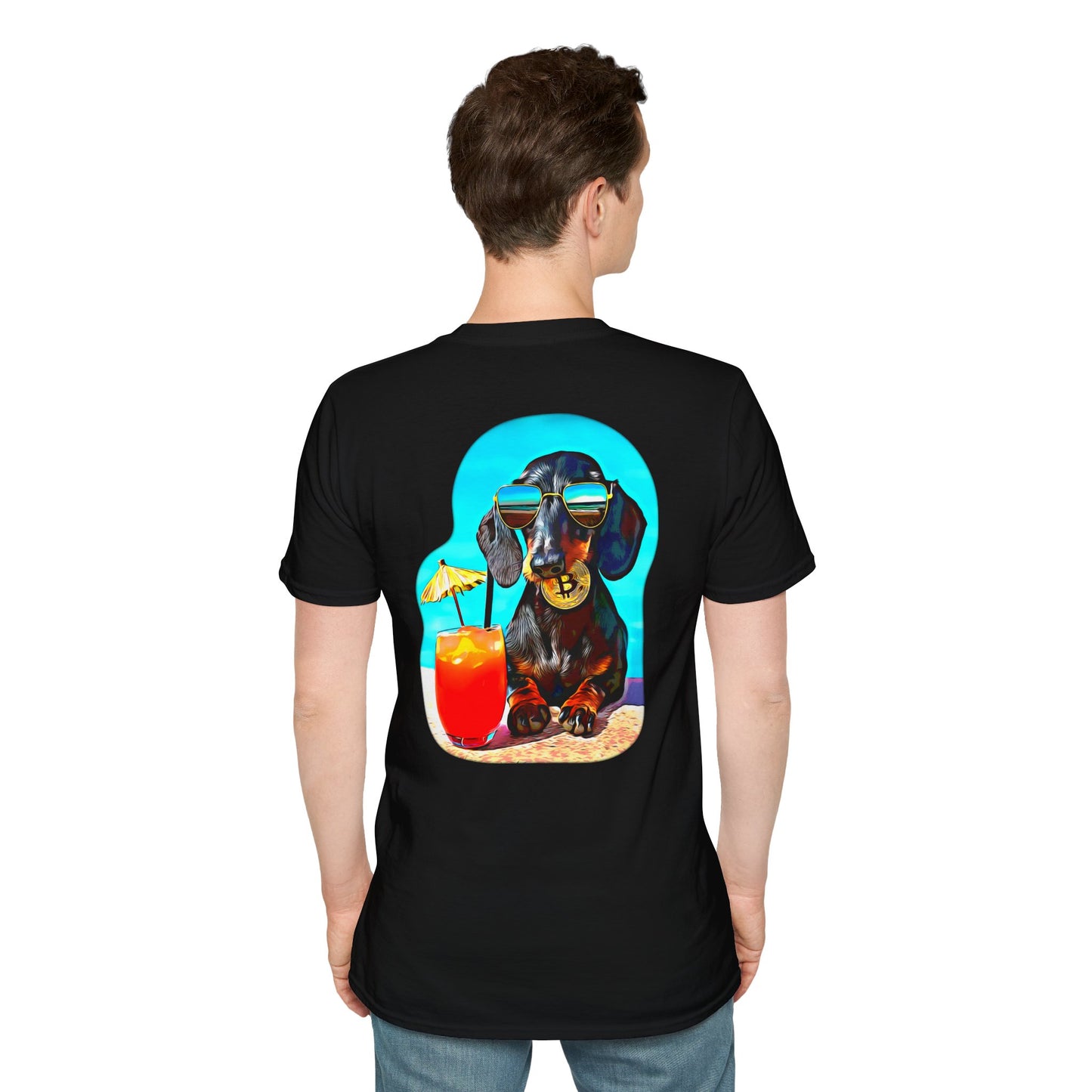 Bitcoin Dachshund Chillin Poolside T-Shirt - Pocket & Large Back Print