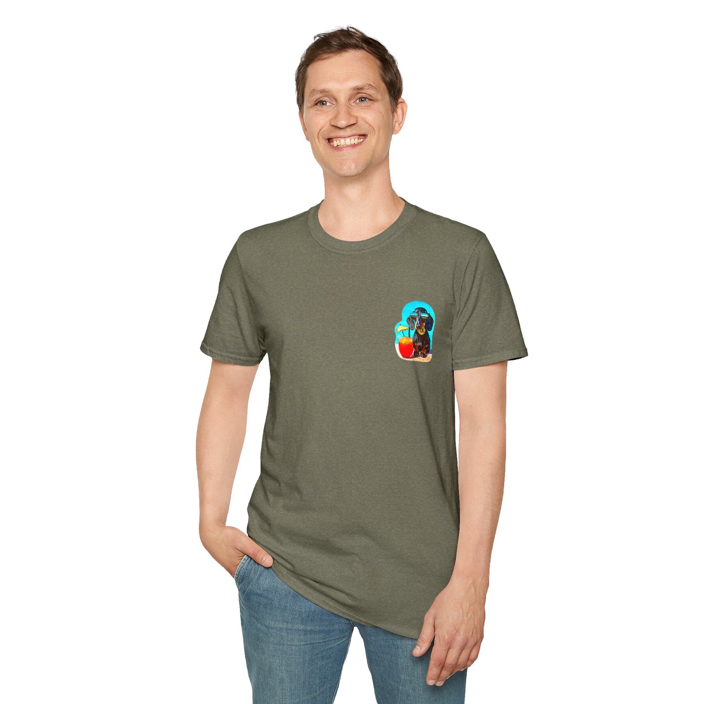 Bitcoin Dachshund Chillin Poolside T-Shirt - Pocket & Large Back Print
