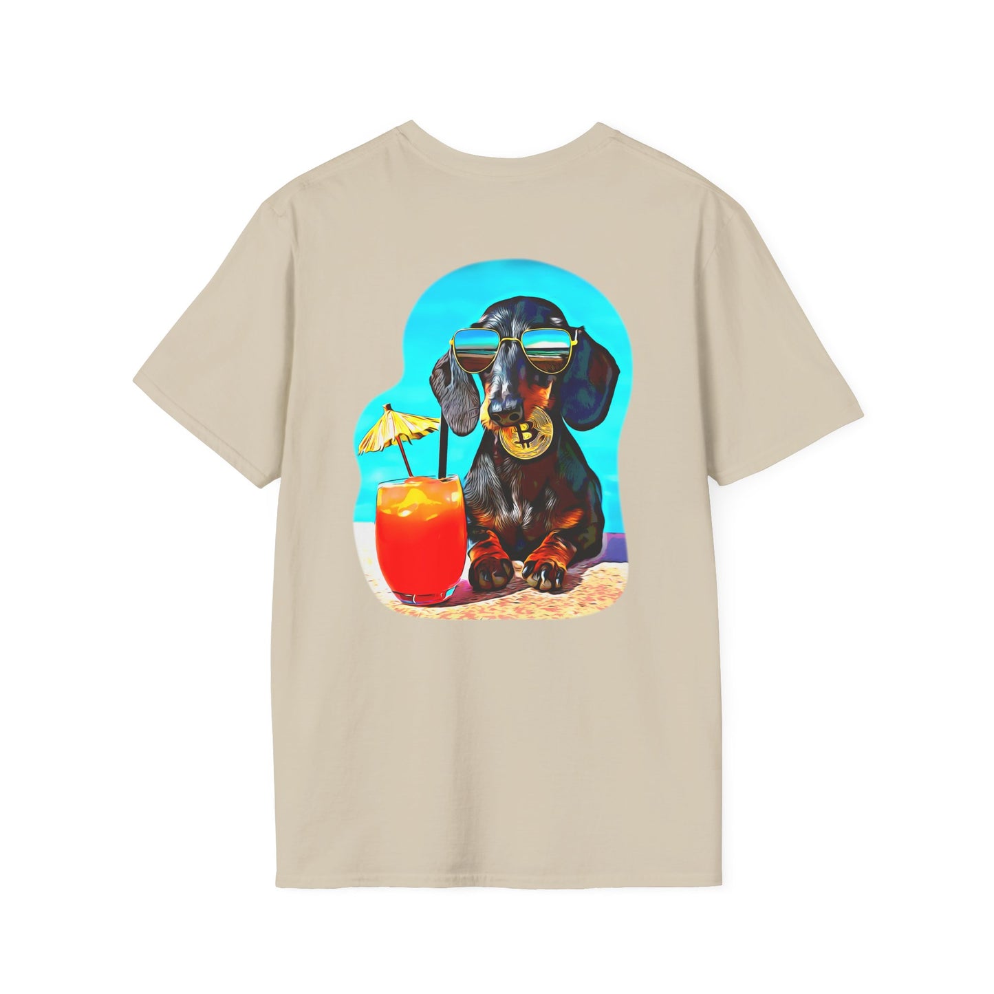 Bitcoin Dachshund Chillin Poolside T-Shirt - Pocket & Large Back Print