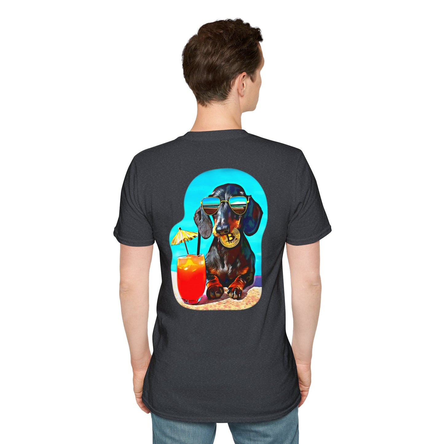Bitcoin Dachshund Chillin Poolside T-Shirt - Pocket & Large Back Print