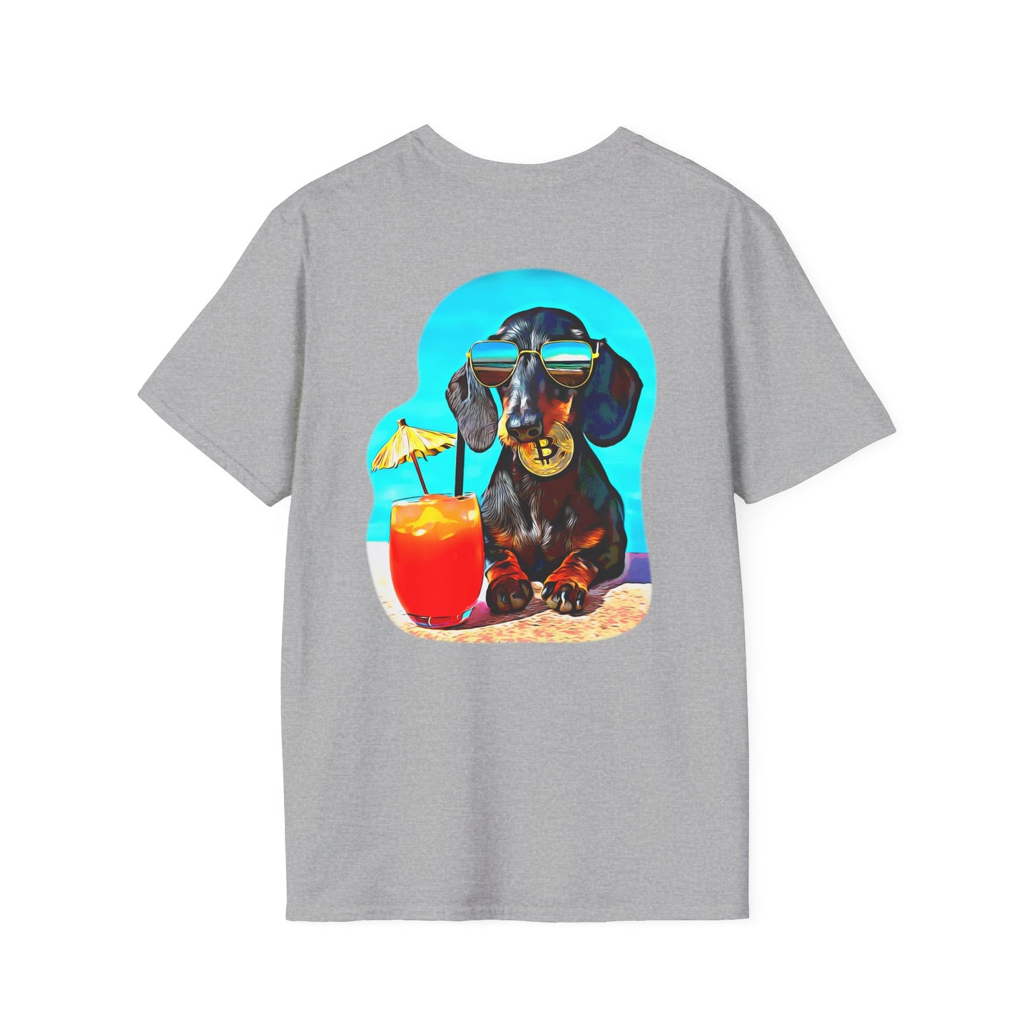 Bitcoin Dachshund Chillin Poolside T-Shirt - Pocket & Large Back Print