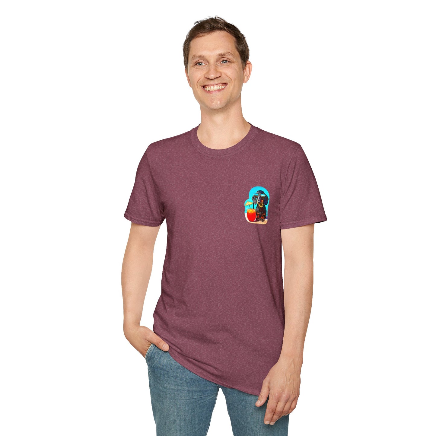 Bitcoin Dachshund Chillin Poolside T-Shirt - Pocket & Large Back Print