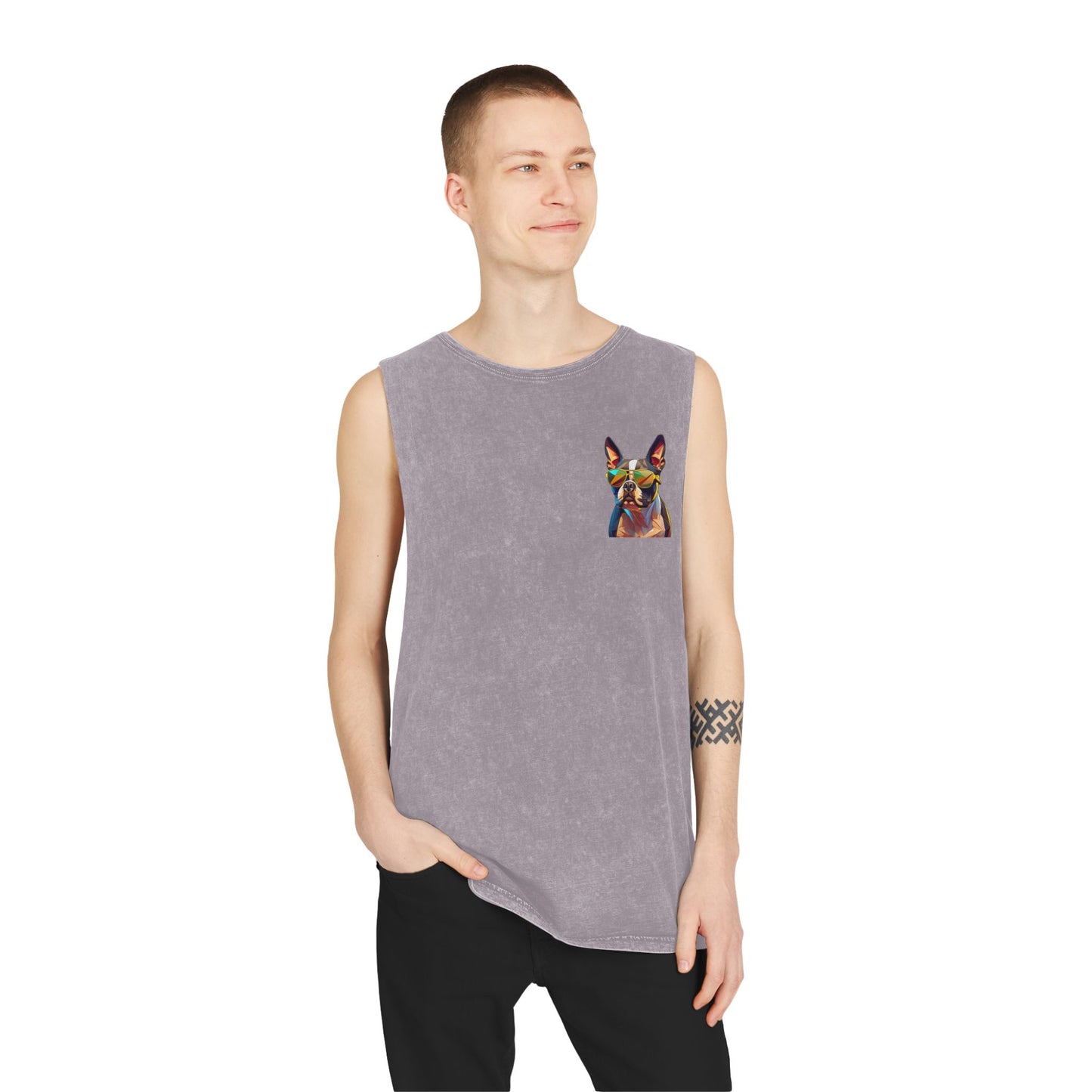 Shady Boston Terrier with sunglasses vibing Tank-Top - Pocket & Large Back Print