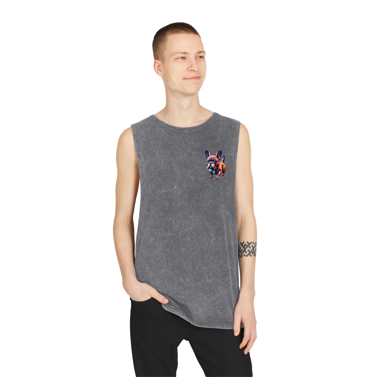 Polygon French Bulldog Stonewash Tank - Pocket & Large Back Print