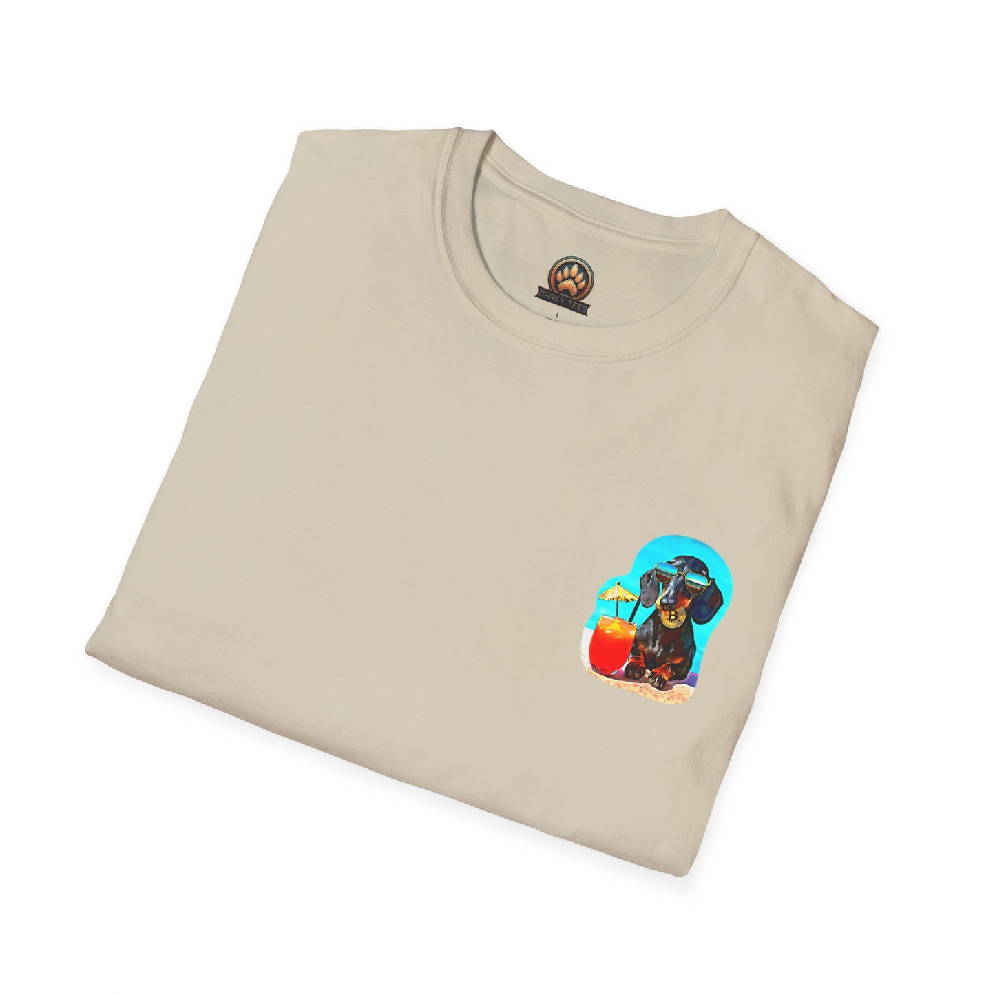 Bitcoin Dachshund Chillin Poolside T-Shirt - Pocket & Large Back Print