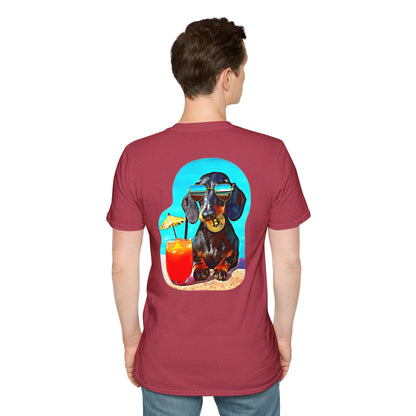 Bitcoin Dachshund Chillin Poolside T-Shirt - Pocket & Large Back Print
