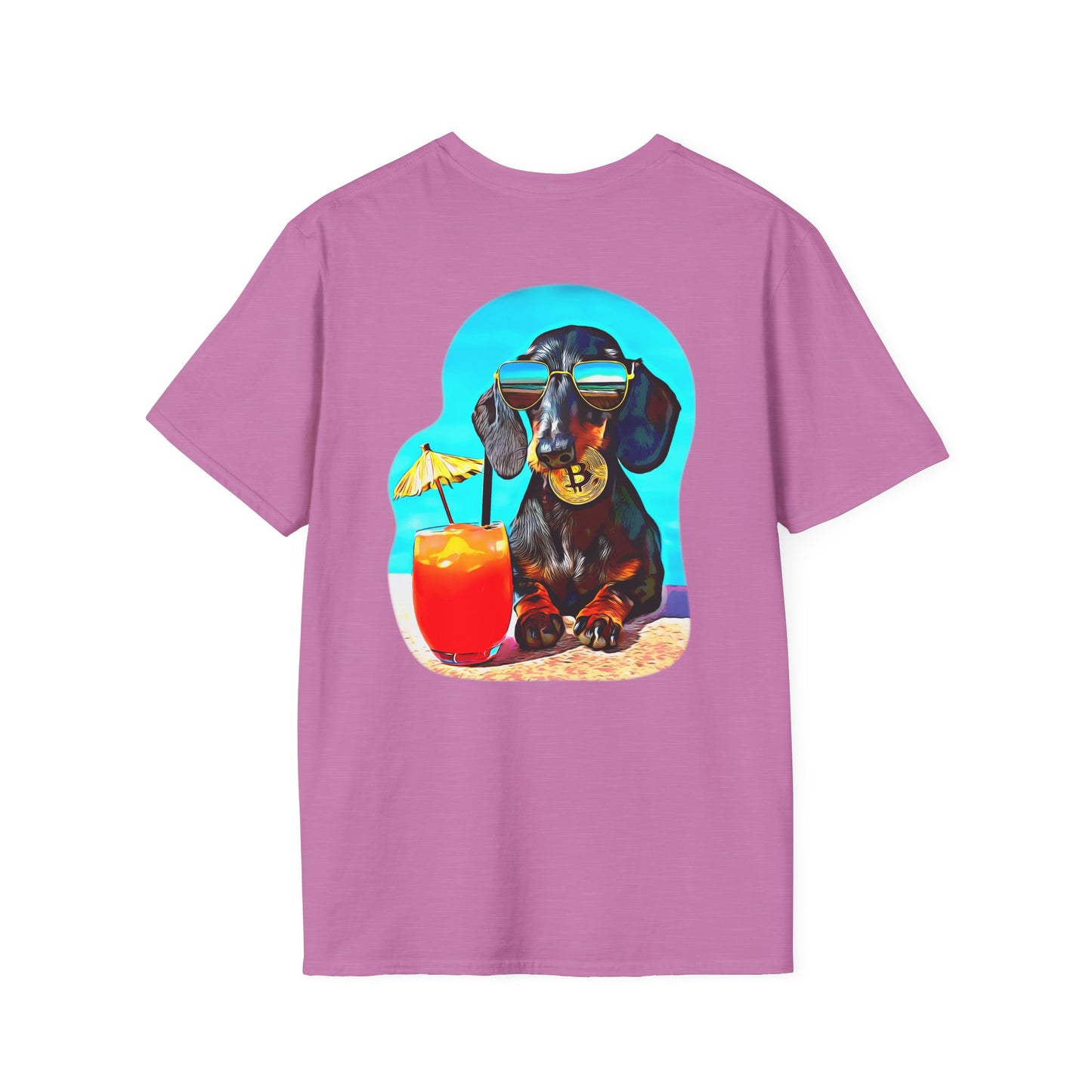 Bitcoin Dachshund Chillin Poolside T-Shirt - Pocket & Large Back Print