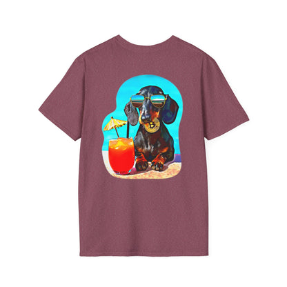 Bitcoin Dachshund Chillin Poolside T-Shirt - Pocket & Large Back Print