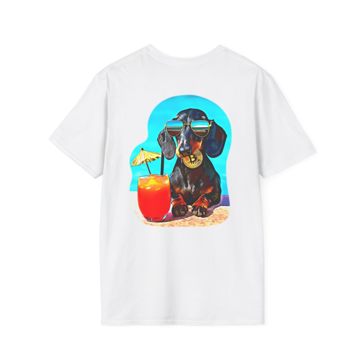 Bitcoin Dachshund Chillin Poolside T-Shirt - Pocket & Large Back Print