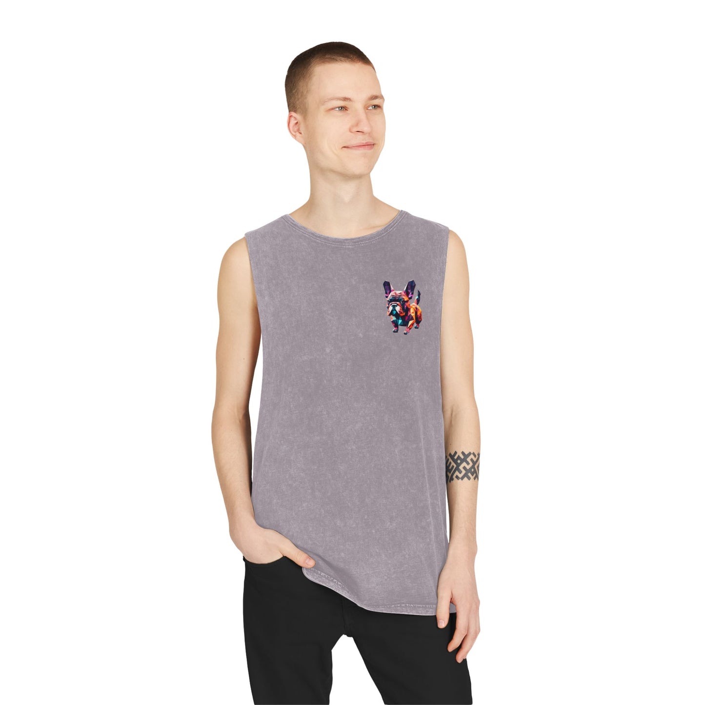 Polygon French Bulldog Stonewash Tank - Pocket & Large Back Print