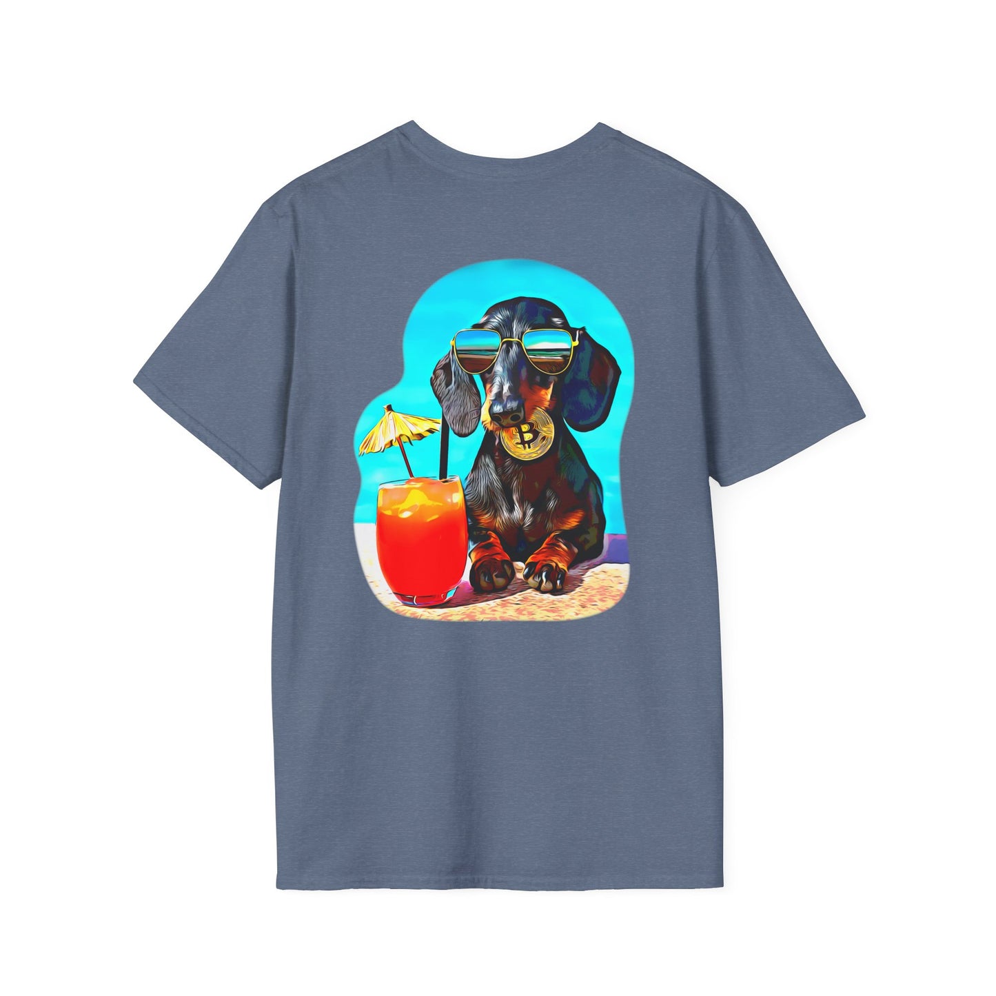 Bitcoin Dachshund Chillin Poolside T-Shirt - Pocket & Large Back Print