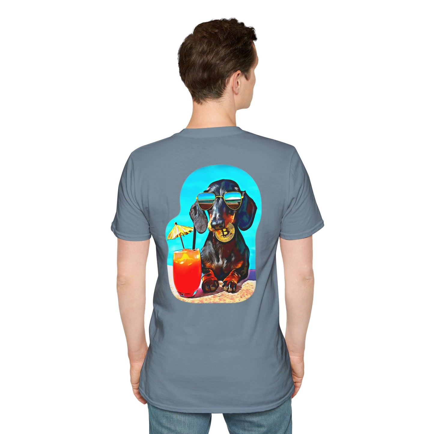 Bitcoin Dachshund Chillin Poolside T-Shirt - Pocket & Large Back Print