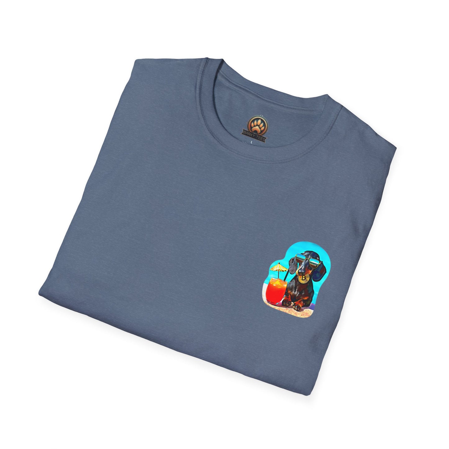 Bitcoin Dachshund Chillin Poolside T-Shirt - Pocket & Large Back Print