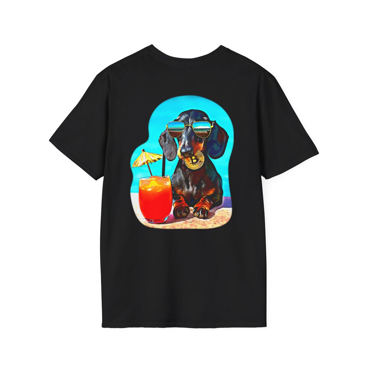 Bitcoin Dachshund Chillin Poolside T-Shirt - Pocket & Large Back Print