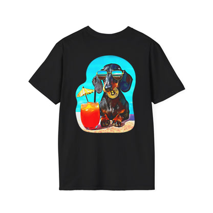 Bitcoin Dachshund Chillin Poolside T-Shirt - Pocket & Large Back Print