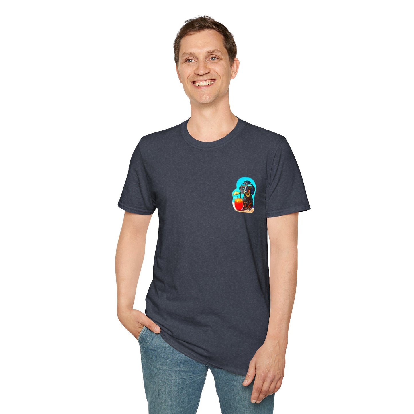 Bitcoin Dachshund Chillin Poolside T-Shirt - Pocket & Large Back Print