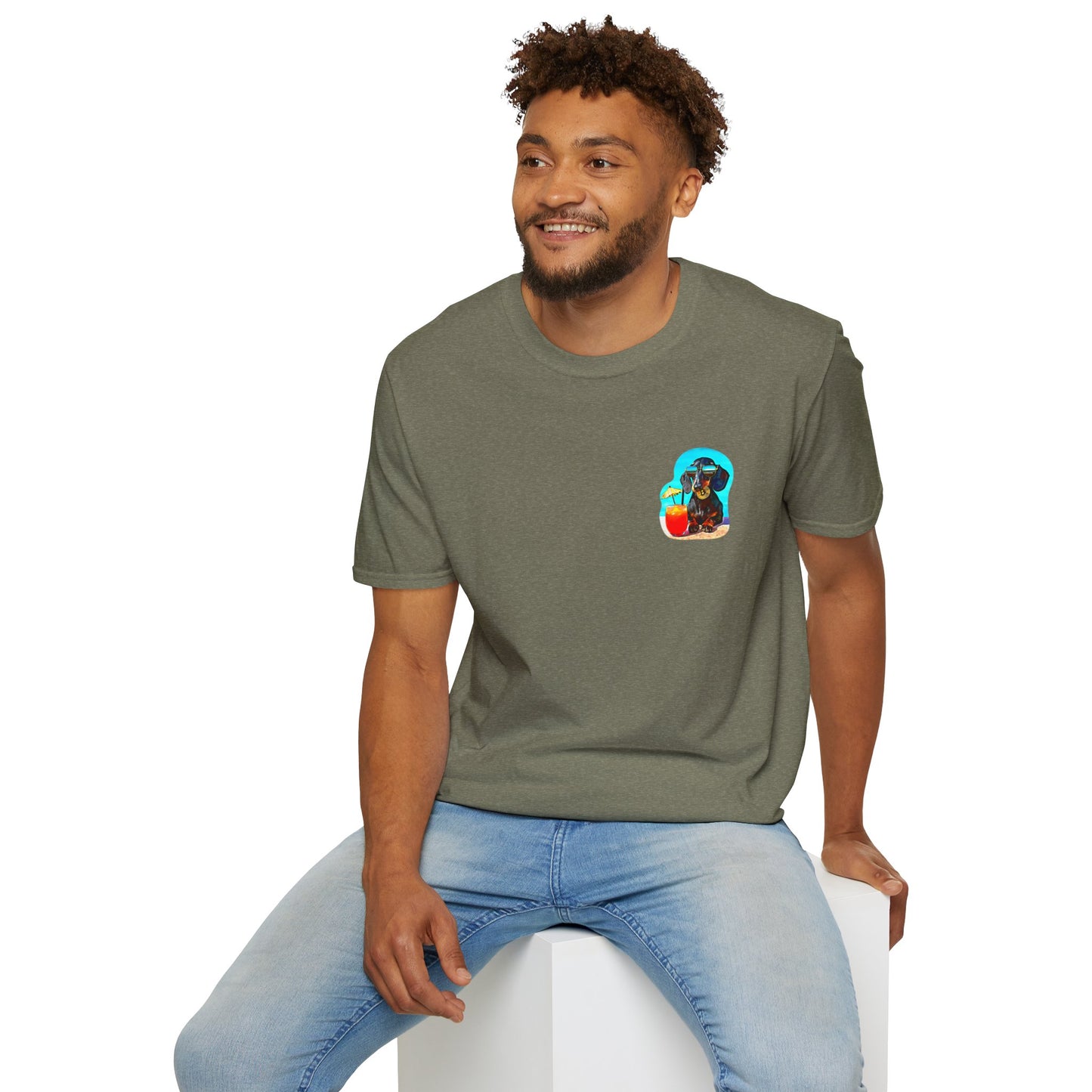 Bitcoin Dachshund Chillin Poolside T-Shirt - Pocket & Large Back Print