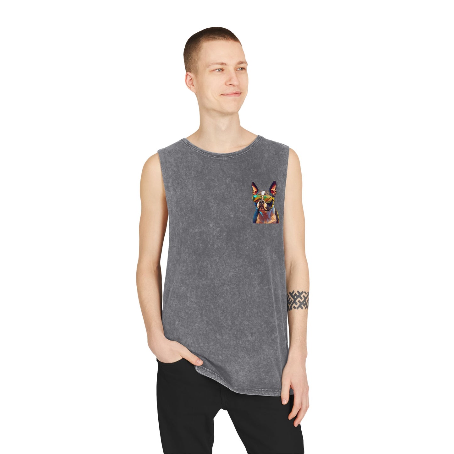 Shady Boston Terrier with sunglasses vibing Tank-Top - Pocket & Large Back Print