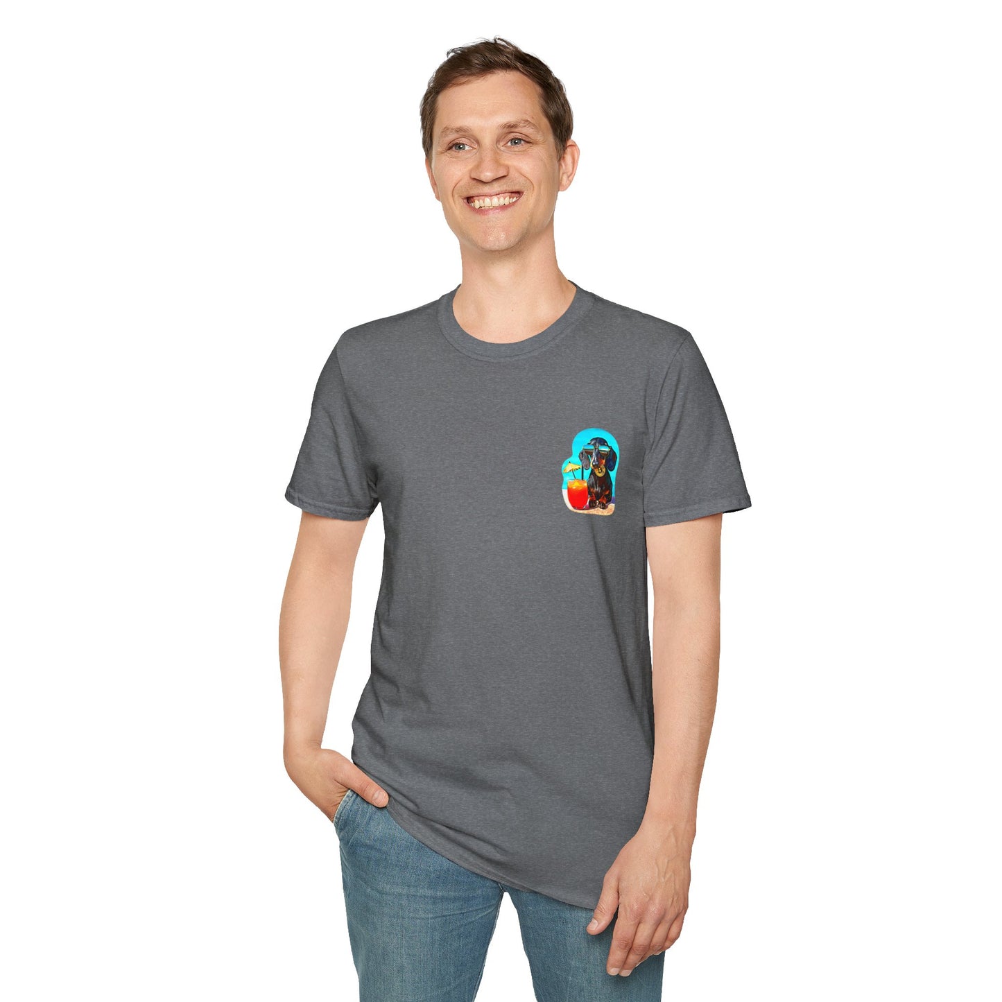 Bitcoin Dachshund Chillin Poolside T-Shirt - Pocket & Large Back Print
