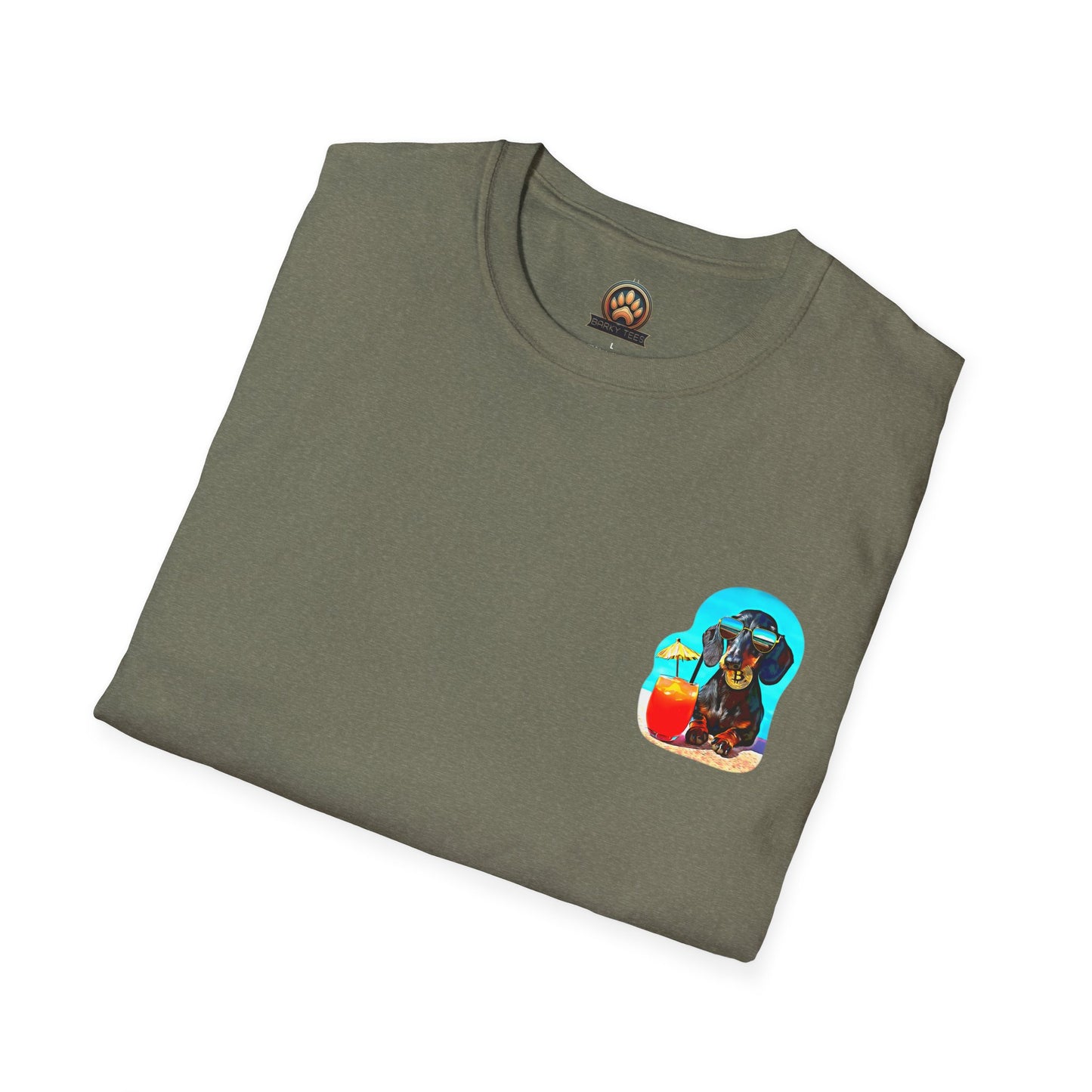 Bitcoin Dachshund Chillin Poolside T-Shirt - Pocket & Large Back Print