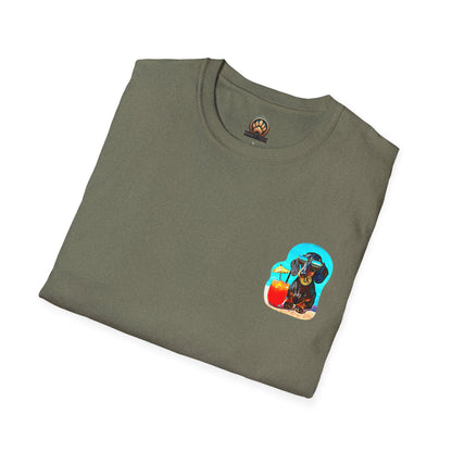 Bitcoin Dachshund Chillin Poolside T-Shirt - Pocket & Large Back Print