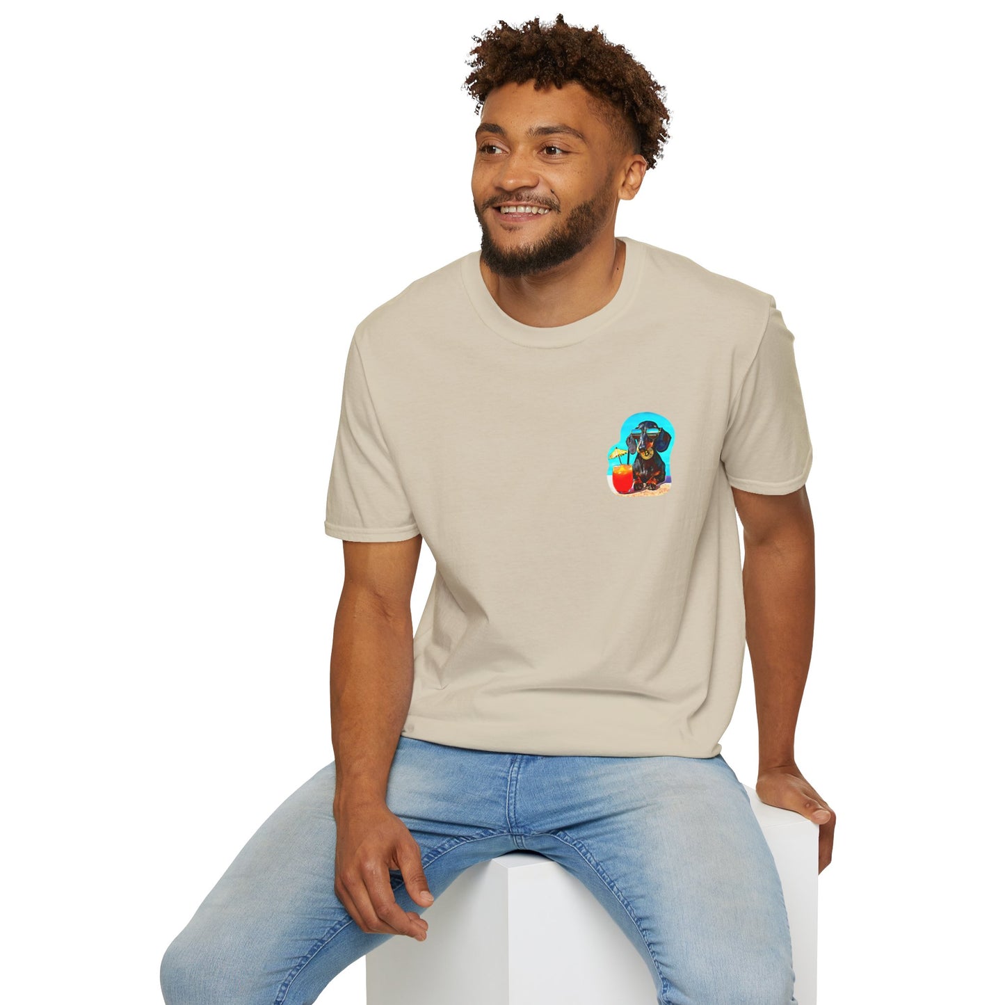 Bitcoin Dachshund Chillin Poolside T-Shirt - Pocket & Large Back Print