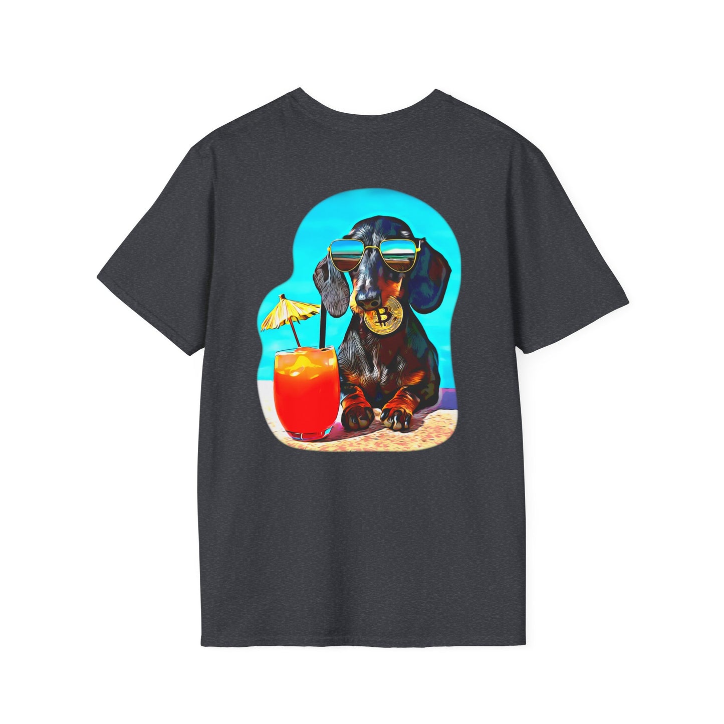 Bitcoin Dachshund Chillin Poolside T-Shirt - Pocket & Large Back Print