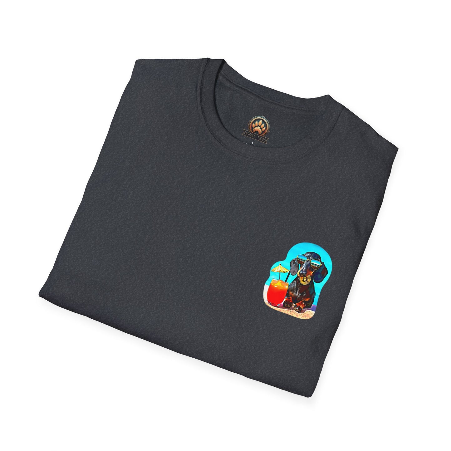 Bitcoin Dachshund Chillin Poolside T-Shirt - Pocket & Large Back Print