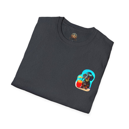 Bitcoin Dachshund Chillin Poolside T-Shirt - Pocket & Large Back Print
